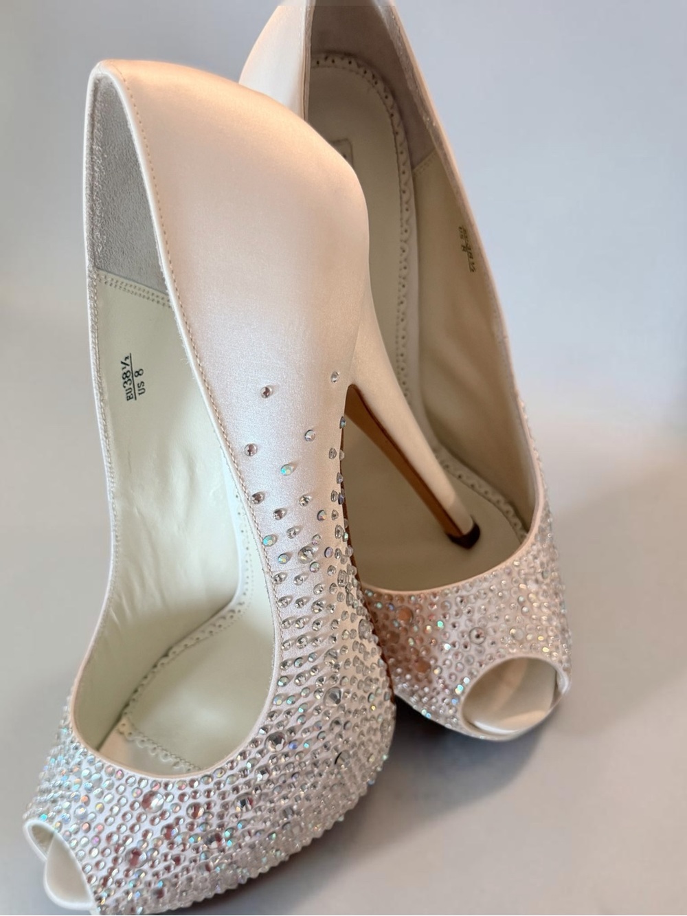 Crystal-Embellished Blush Peep-Toe Stiletto Heels